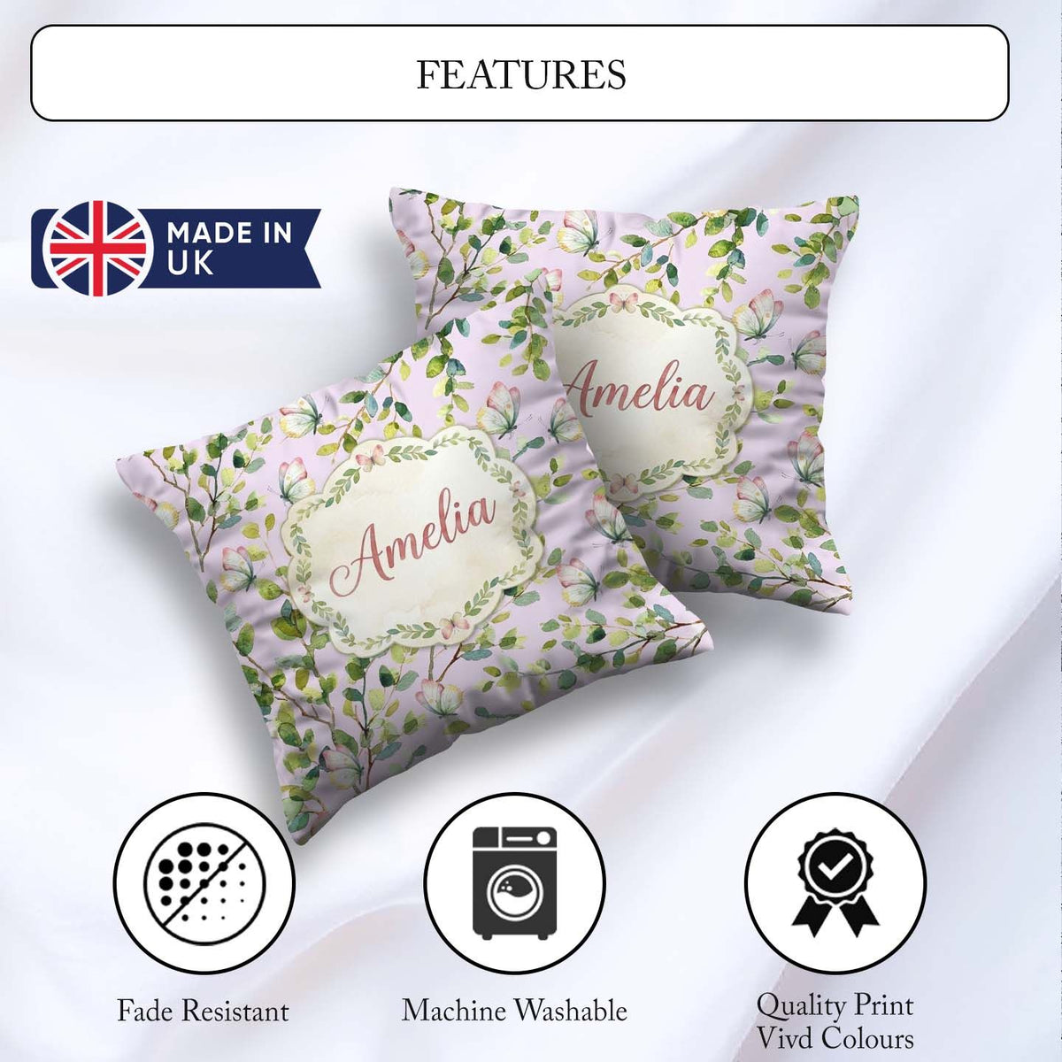 Custom Name Elegant Butterflies and Green Leaves on Dusty Pink Square Filled Cushion Throw Pillow Sofa Bed Home Decor Zip Washable UK Made