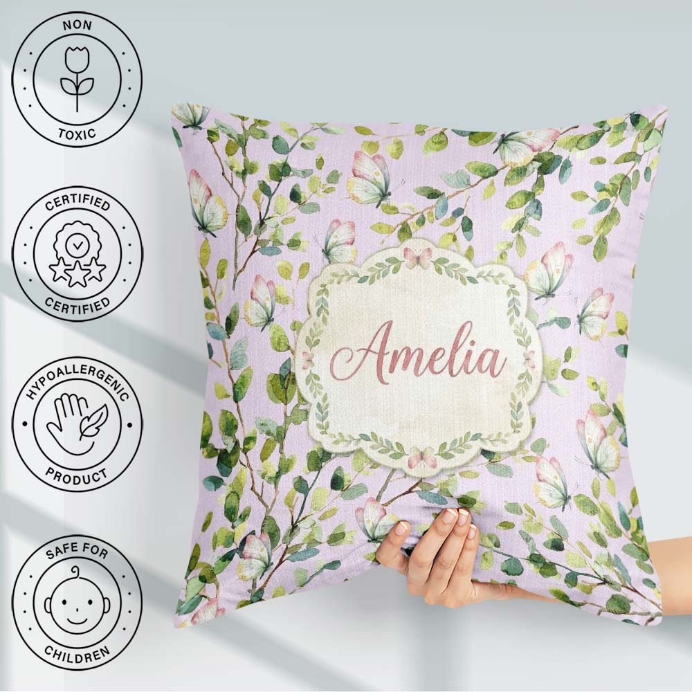 Custom Name Elegant Butterflies and Green Leaves on Dusty Pink Square Filled Cushion Throw Pillow Sofa Bed Home Decor Zip Washable UK Made