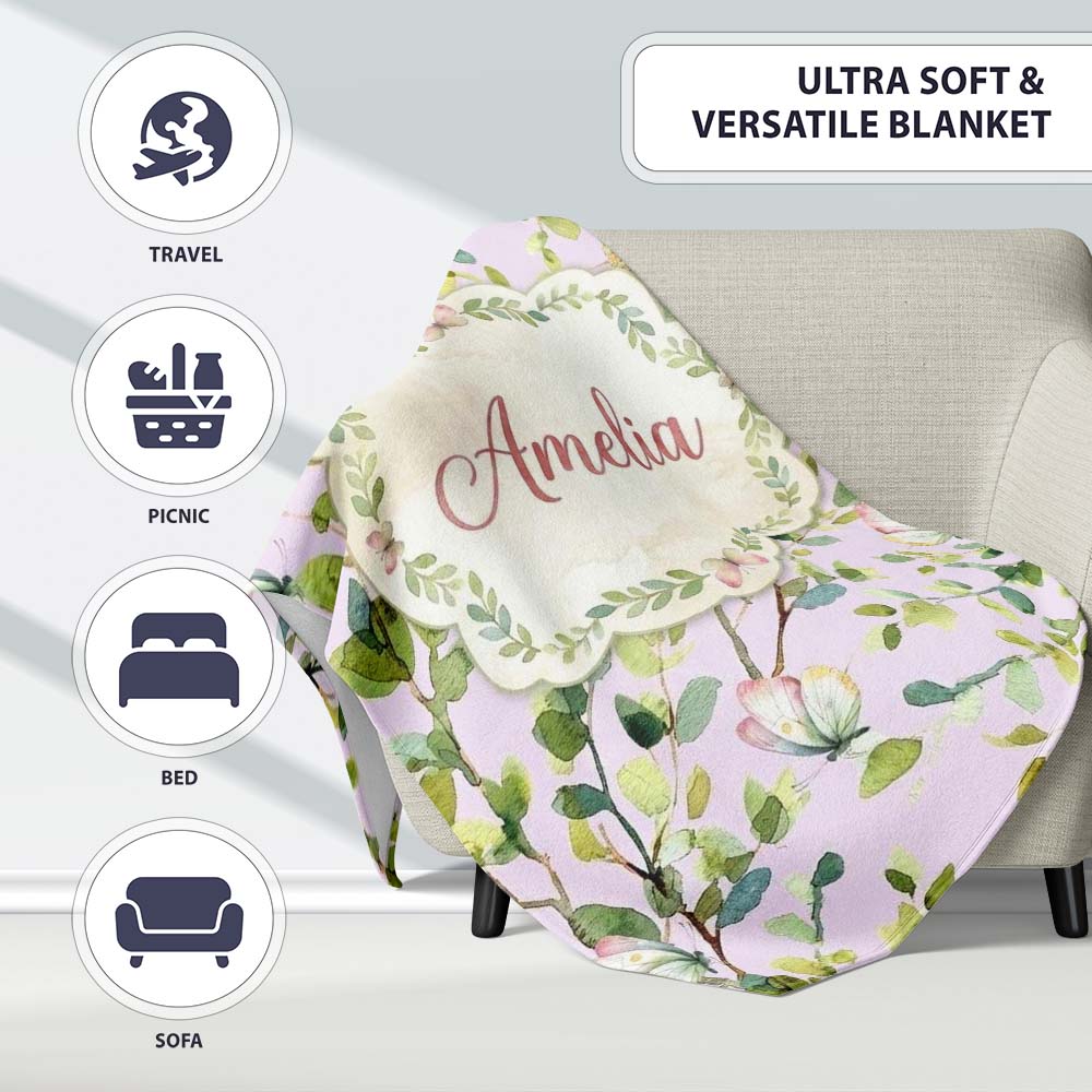 Elegant Watercolor Butterflies and Green Leaves on Dusty Pink Personalised Custom Name Super Soft Fleece Blanket Bed Sofa Throw