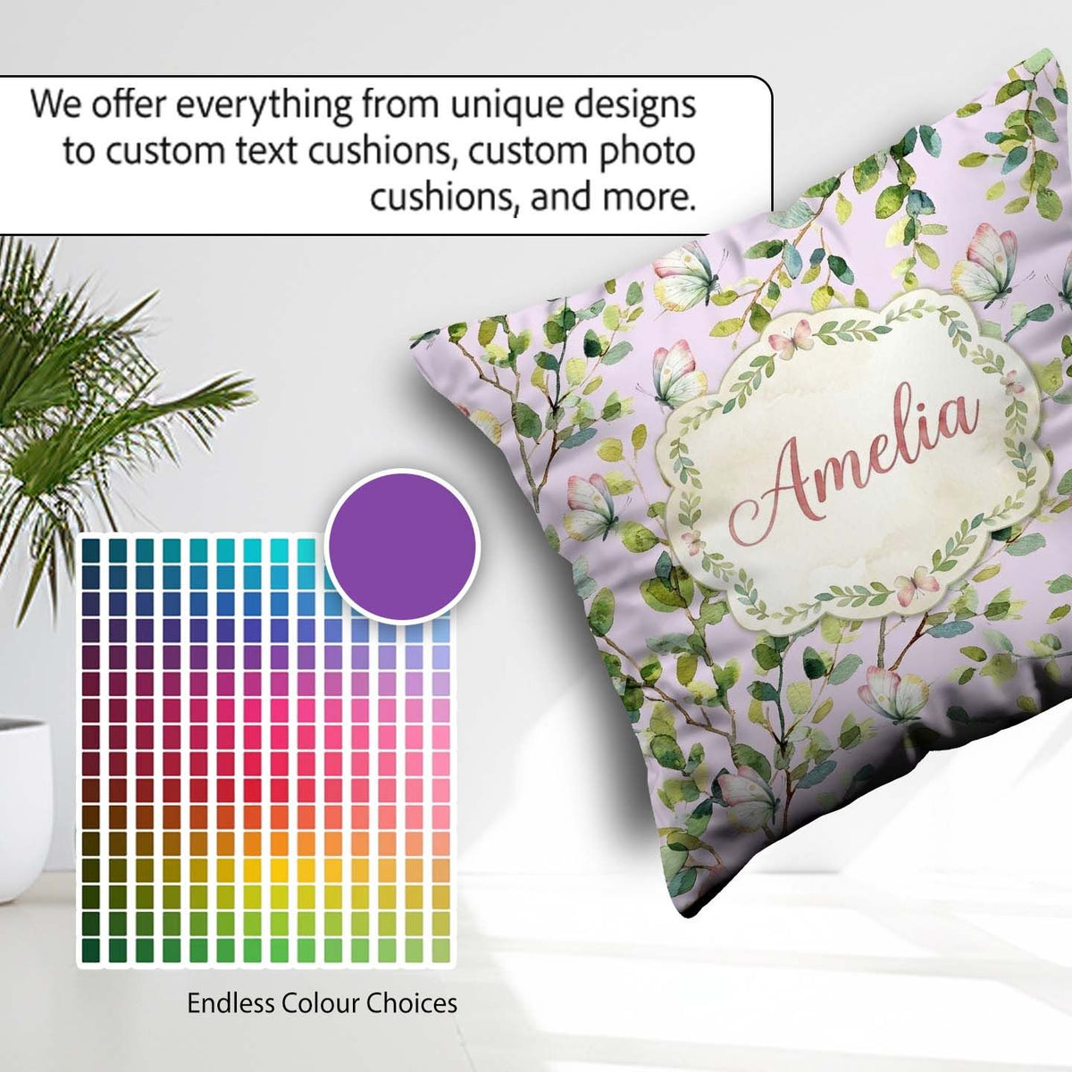 Custom Name Elegant Butterflies and Green Leaves on Dusty Pink Square Filled Cushion Throw Pillow Sofa Bed Home Decor Zip Washable UK Made