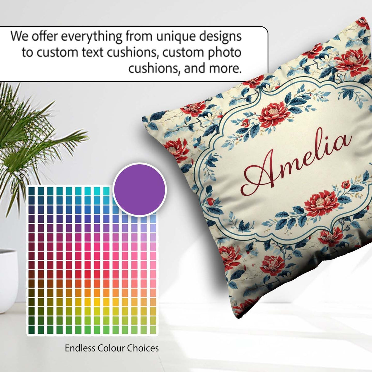 Custom Name Oriental Inspired Floral Cream Background Decorative Square Filled Cushion Throw Pillow Sofa Bed Home Decor Zip Washable UK Made