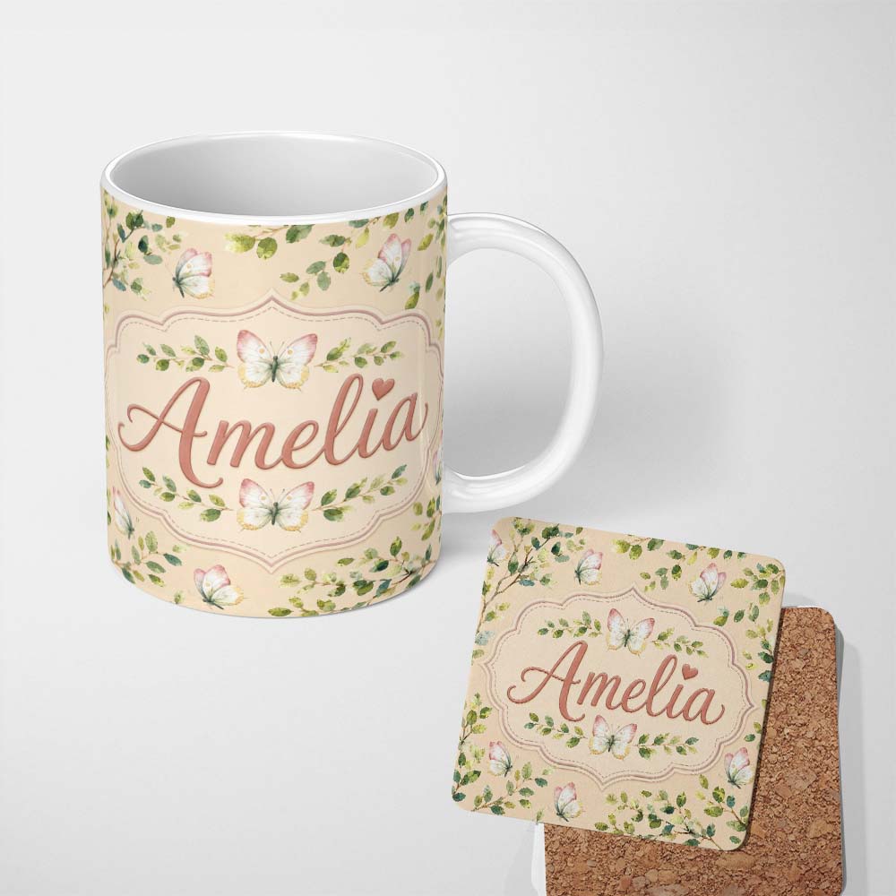 Personalized Custom Name Elegant Watercolor Butterflies and Leaves on Neutral Beige Seamless 11oz Ceramic Coffee Tea Mug White Large Handle