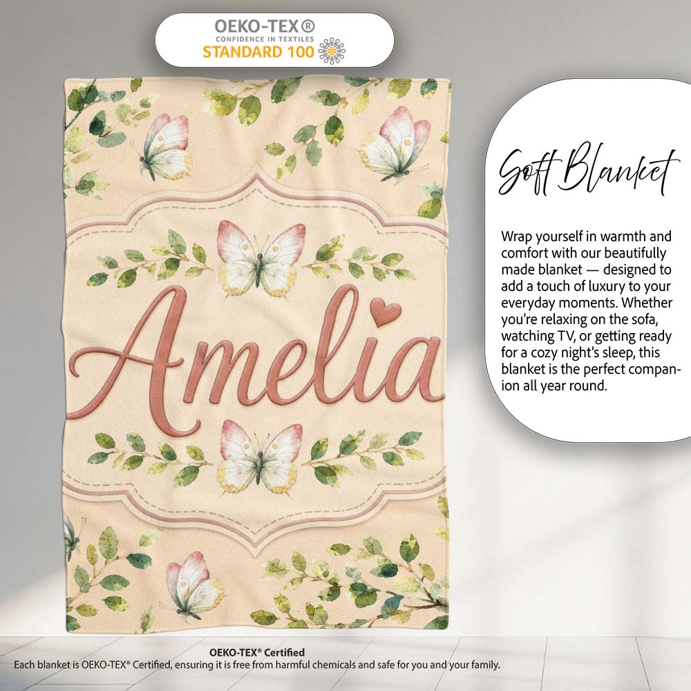 Elegant Watercolor Butterflies and Leaves on Neutral Beige Seamless Personalised Custom Name Super Soft Fleece Blanket Bed Sofa Throw