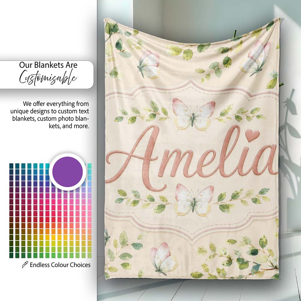 Elegant Watercolor Butterflies and Leaves on Neutral Beige Seamless Personalised Custom Name Super Soft Fleece Blanket Bed Sofa Throw
