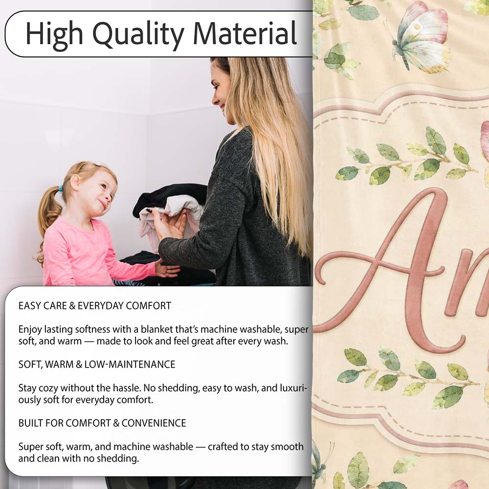 Elegant Watercolor Butterflies and Leaves on Neutral Beige Seamless Personalised Custom Name Super Soft Fleece Blanket Bed Sofa Throw