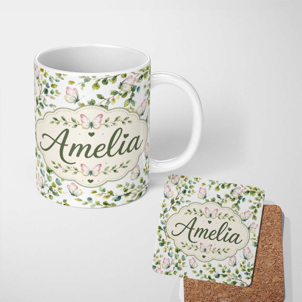 Personalized Custom Name Watercolor Butterflies and Green Leaves on Soft Grey Seamless 11oz Ceramic Coffee Tea Mug White Large Handle