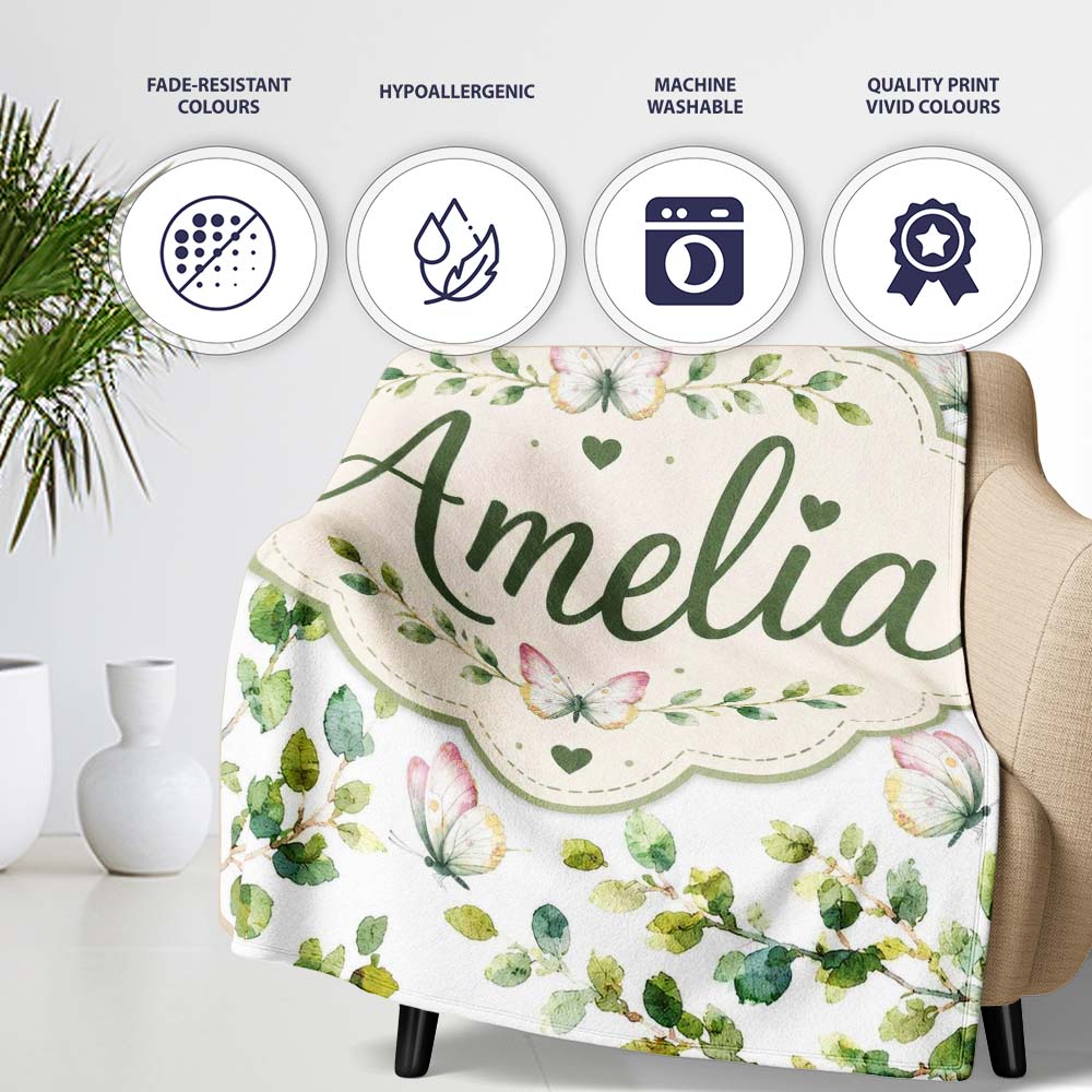 Watercolor Butterflies and Green Leaves on Soft Grey Seamless Personalised Custom Name Super Soft Fleece Blanket Bed Sofa Throw
