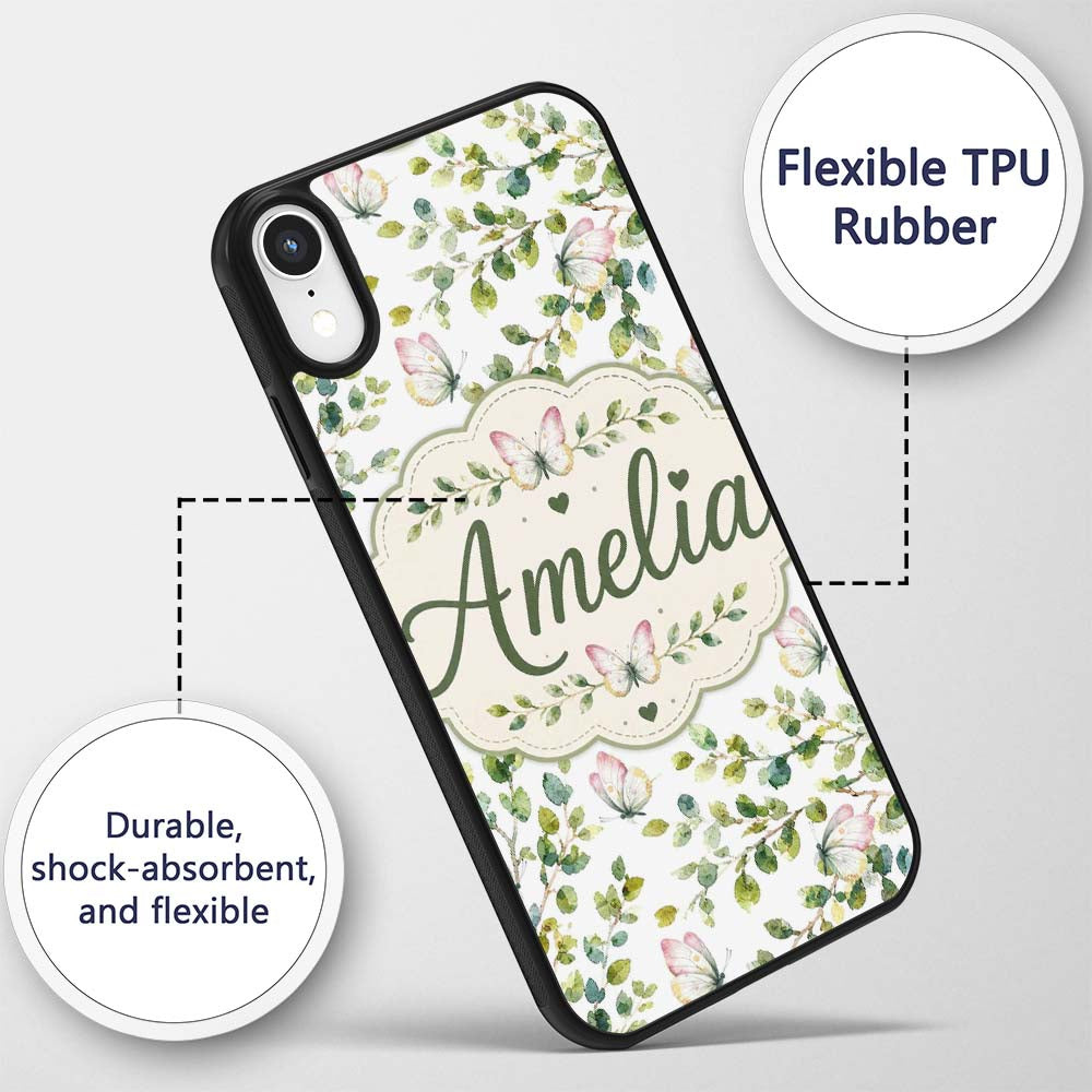 Watercolor Butterflies and Green Leaves on Soft Custom Name Protective Phone Case Mobile Cover Durable Everyday Smartphone Shock Resistant