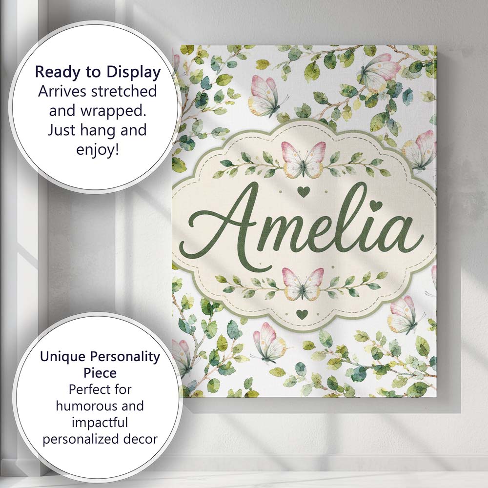 Personalised Name Watercolor Butterflies Custom Unique Gift Idea Elegant Feature Canvas Wall Art Print Decor Picture Ready to Hang