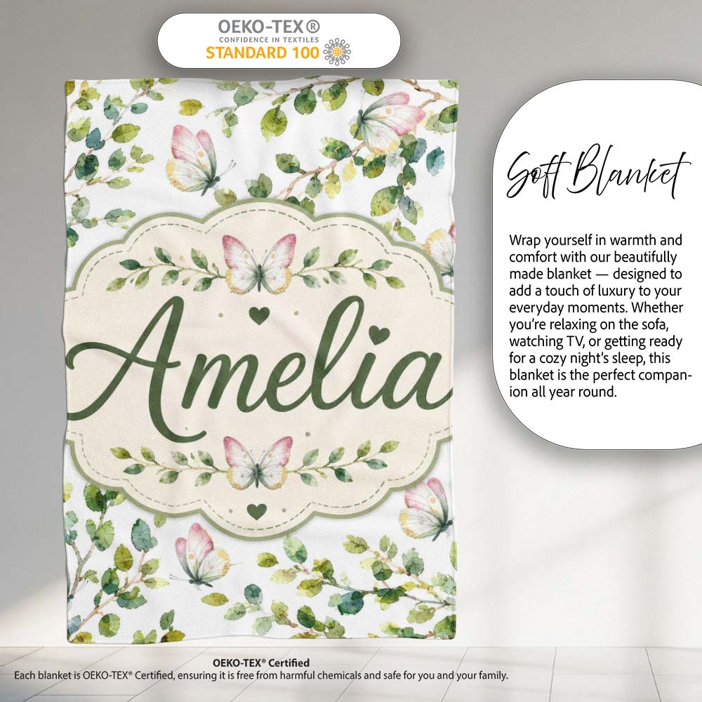 Watercolor Butterflies and Green Leaves on Soft Grey Seamless Personalised Custom Name Super Soft Fleece Blanket Bed Sofa Throw