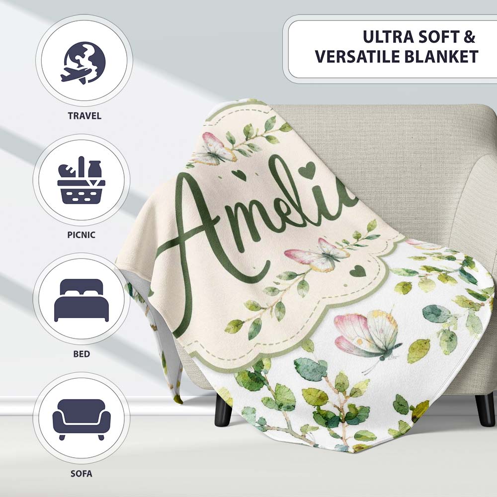 Watercolor Butterflies and Green Leaves on Soft Grey Seamless Personalised Custom Name Super Soft Fleece Blanket Bed Sofa Throw