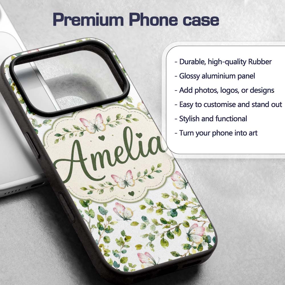 Watercolor Butterflies and Green Leaves on Soft Custom Name Protective Phone Case Mobile Cover Durable Everyday Smartphone Shock Resistant
