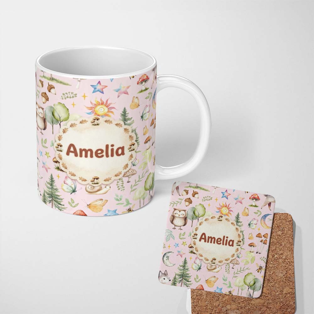 Personalized Custom Name Woodland Deer Owl Mushrooms and Stars on Blush Pink Seamless 11oz Ceramic Coffee Tea Mug White Large Handle
