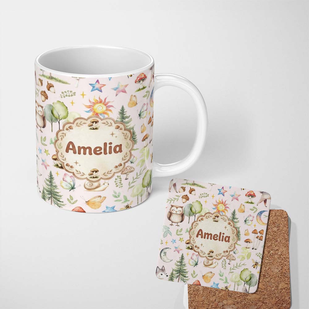 Personalized Custom Name Woodland Deer Owl Mushrooms and Stars on Soft Pink Seamless Pattern 11oz Ceramic Coffee Tea Mug White Large Handle