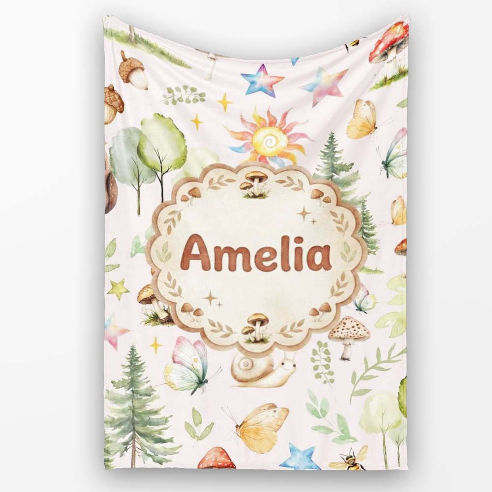 Woodland Deer Owl Mushrooms and Stars on Soft Pink Seamless Pattern Personalised Custom Name Super Soft Fleece Blanket Bed Sofa Throw