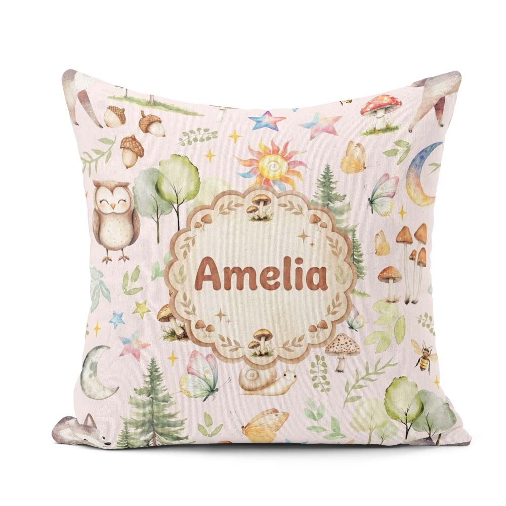 Custom Name Woodland Deer Owl Mushrooms and on Soft Pink Pattern Square Filled Cushion Throw Pillow Sofa Bed Home Decor Zip Washable UK Made