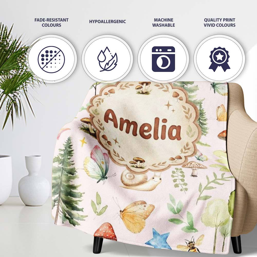 Woodland Deer Owl Mushrooms and Stars on Soft Pink Seamless Pattern Personalised Custom Name Super Soft Fleece Blanket Bed Sofa Throw