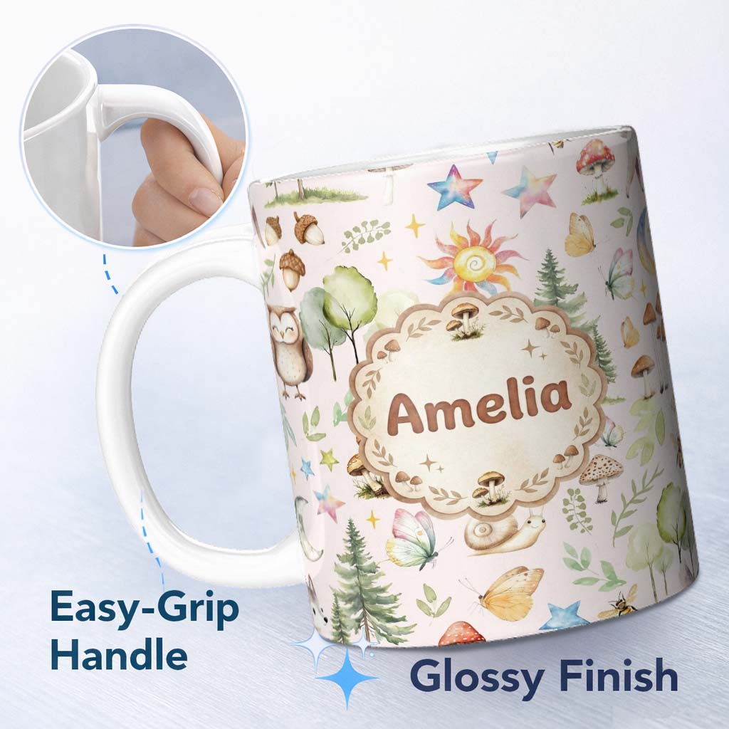 Personalized Custom Name Woodland Deer Owl Mushrooms and Stars on Soft Pink Seamless Pattern 11oz Ceramic Coffee Tea Mug White Large Handle