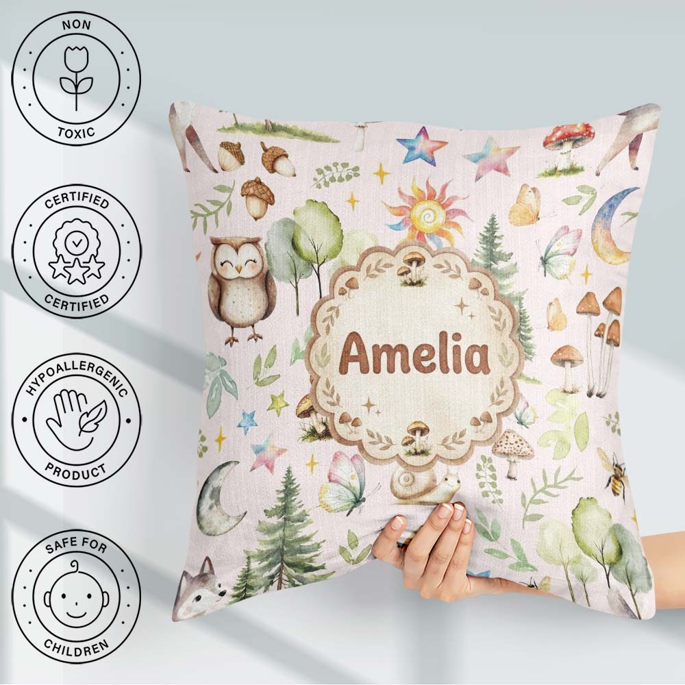 Custom Name Woodland Deer Owl Mushrooms and on Soft Pink Pattern Square Filled Cushion Throw Pillow Sofa Bed Home Decor Zip Washable UK Made