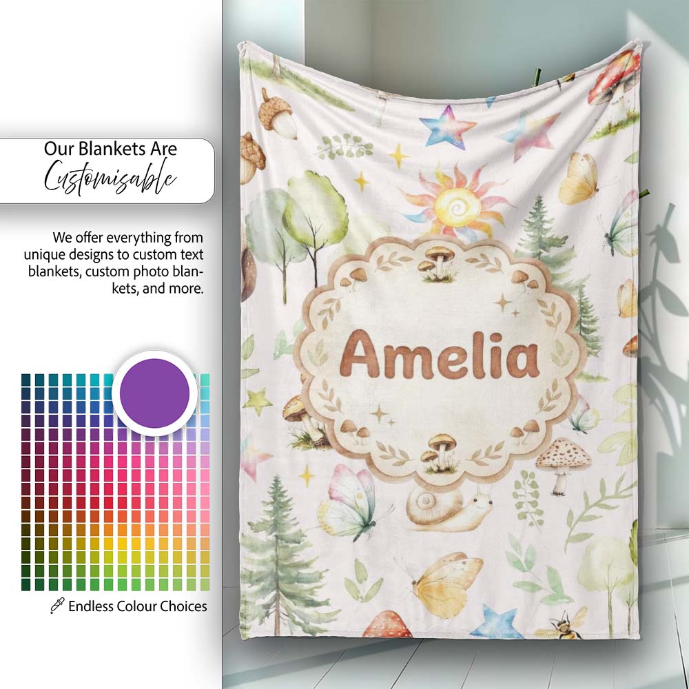Woodland Deer Owl Mushrooms and Stars on Soft Pink Seamless Pattern Personalised Custom Name Super Soft Fleece Blanket Bed Sofa Throw