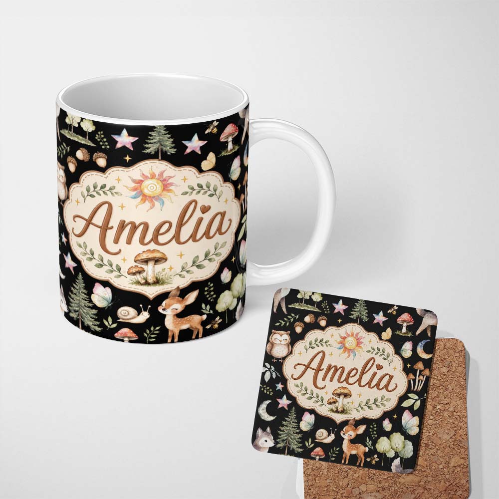 Personalized Custom Name Cute Woodland Deer Owl Mushrooms and Stars on Black Background 11oz Ceramic Coffee Tea Mug White Large Handle