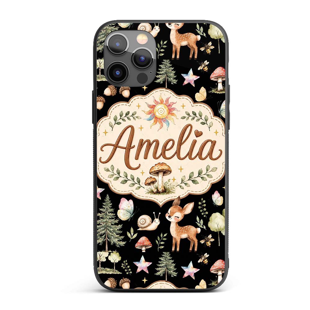 Cute Woodland Deer Owl Mushrooms and Stars on Custom Name Protective Phone Case Mobile Cover Durable Everyday Smartphone Shock Resistant