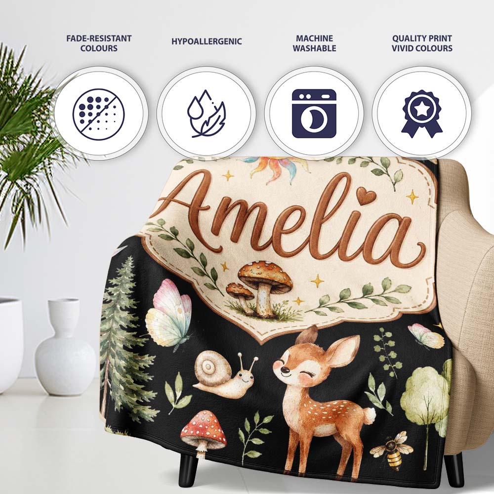 Cute Woodland Deer Owl Mushrooms and Stars on Black Background Personalised Custom Name Super Soft Fleece Blanket Bed Sofa Throw