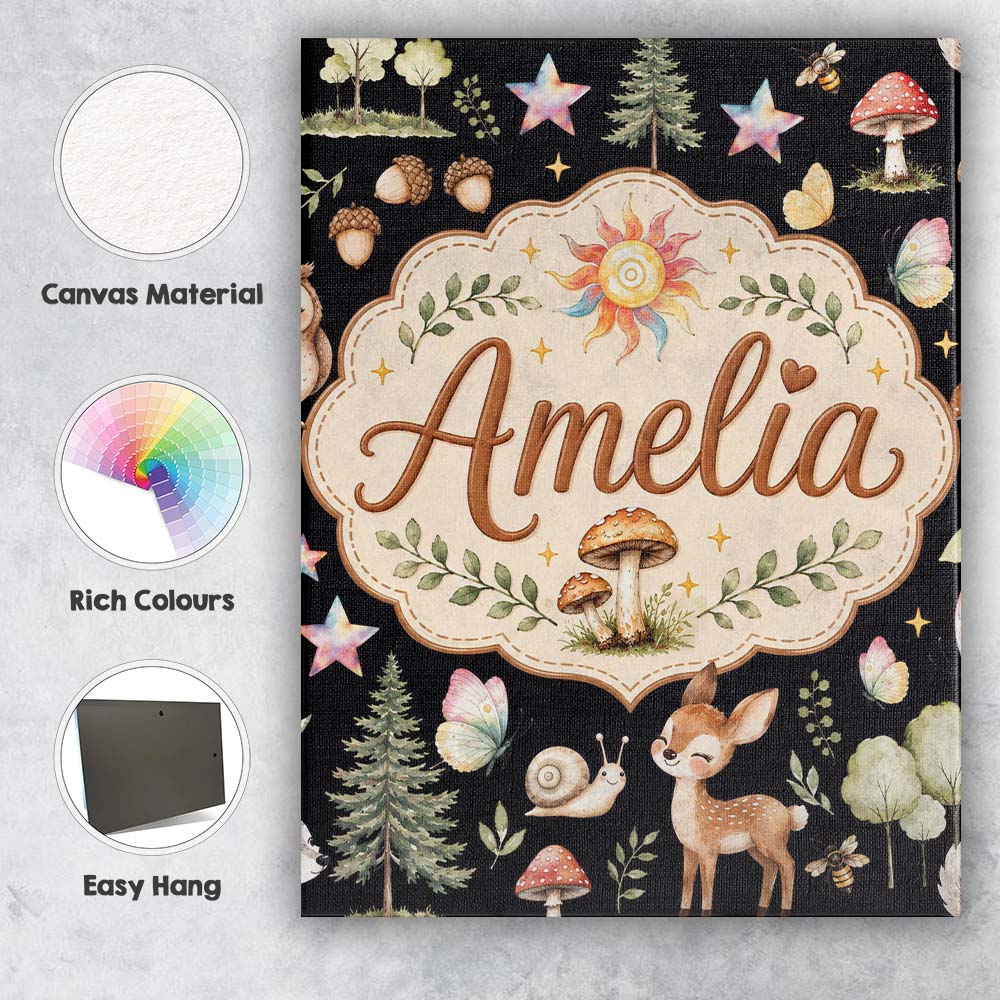 Personalised Name Cute Woodland Deer Owl Custom Unique Gift Idea Elegant Feature Canvas Wall Art Print Decor Picture Ready to Hang