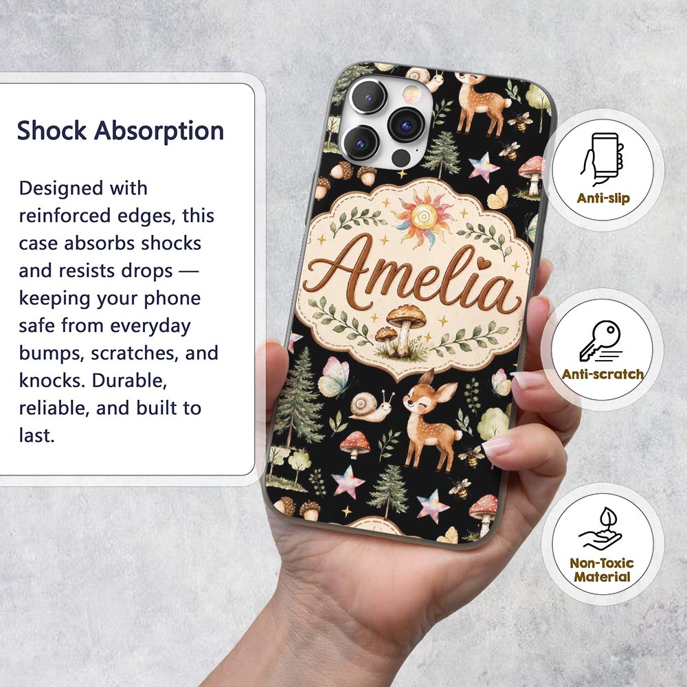 Cute Woodland Deer Owl Mushrooms and Stars on Custom Name Protective Phone Case Mobile Cover Durable Everyday Smartphone Shock Resistant
