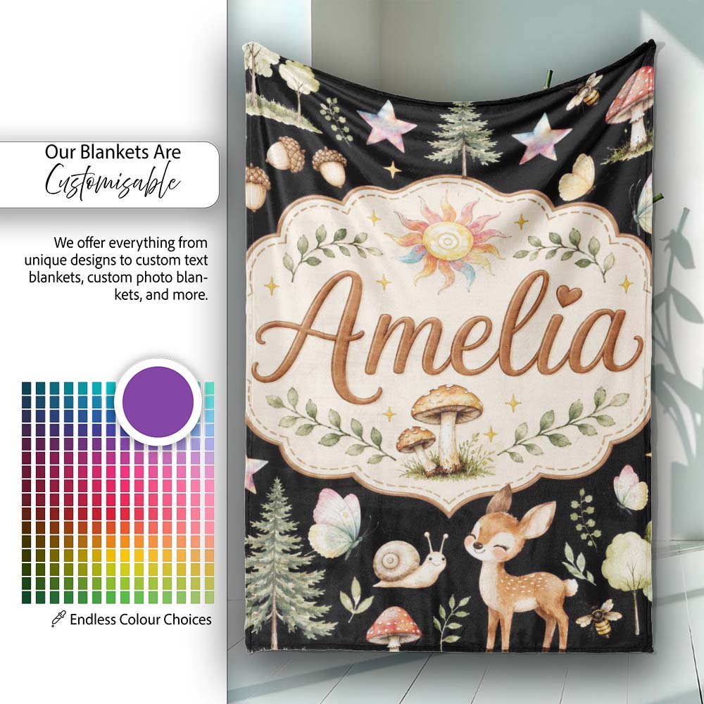 Cute Woodland Deer Owl Mushrooms and Stars on Black Background Personalised Custom Name Super Soft Fleece Blanket Bed Sofa Throw
