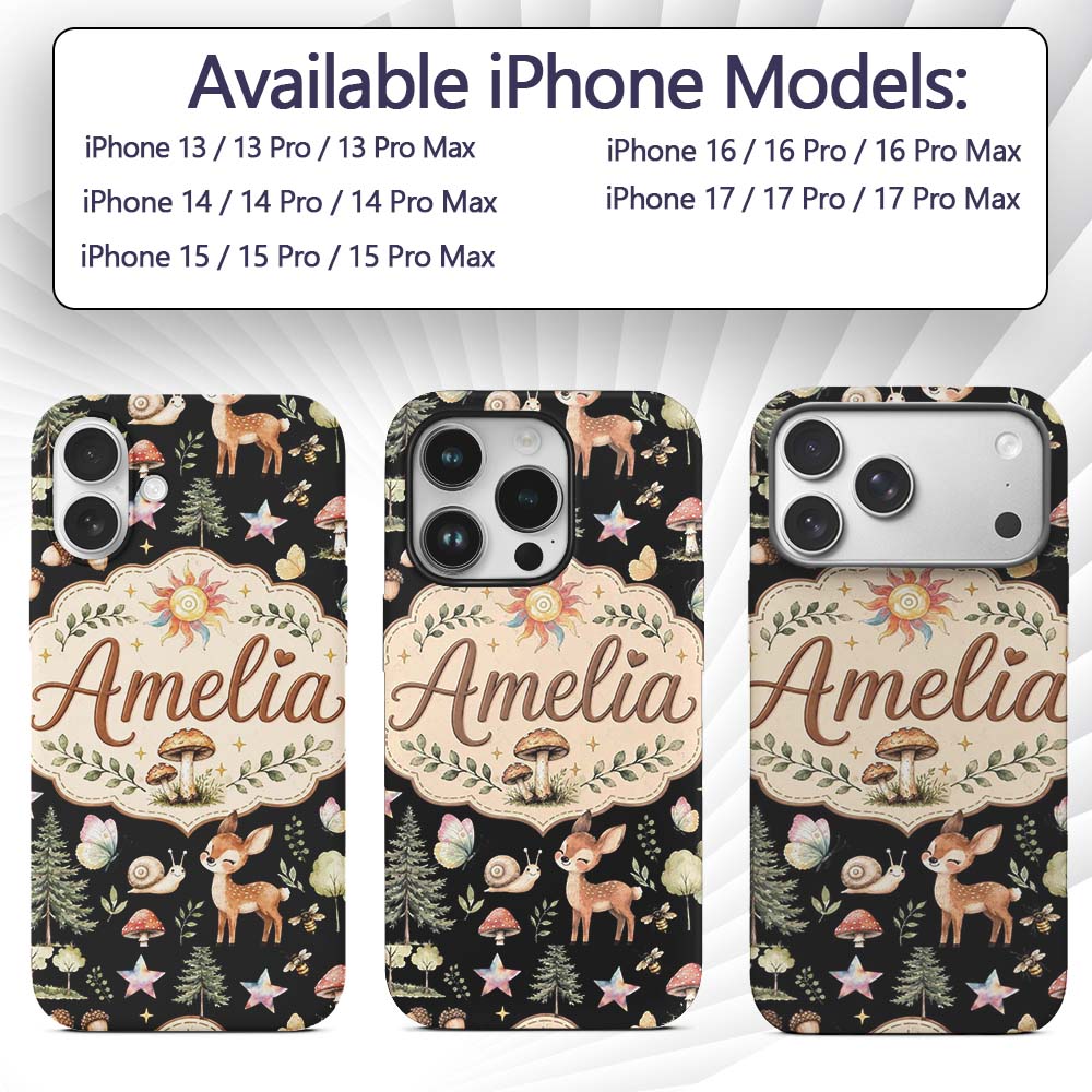 Cute Woodland Deer Owl Mushrooms and Stars on Custom Name Protective Phone Case Mobile Cover Durable Everyday Smartphone Shock Resistant