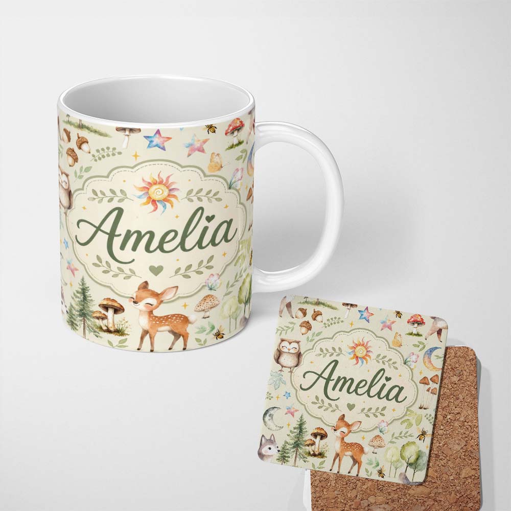 Personalized Custom Name Cute Woodland Deer Owl Mushrooms and Stars on Cream Background 11oz Ceramic Coffee Tea Mug White Large Handle