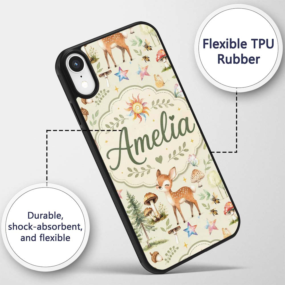 Cute Woodland Deer Owl Mushrooms and Stars on Custom Name Protective Phone Case Mobile Cover Durable Everyday Smartphone Shock Resistant
