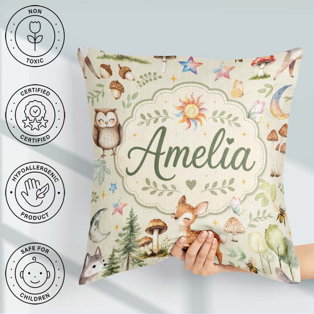 Custom Name Cute Woodland Deer Owl and Stars on Cream Background Square Filled Cushion Throw Pillow Sofa Bed Home Decor Zip Washable UK Made