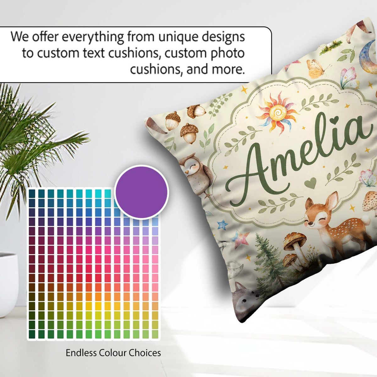 Custom Name Cute Woodland Deer Owl and Stars on Cream Background Square Filled Cushion Throw Pillow Sofa Bed Home Decor Zip Washable UK Made