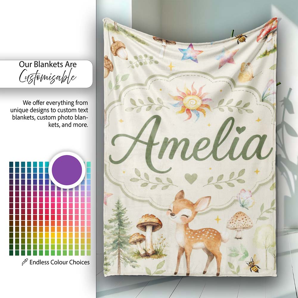 Cute Woodland Deer Owl Mushrooms and Stars on Cream Background Personalised Custom Name Super Soft Fleece Blanket Bed Sofa Throw