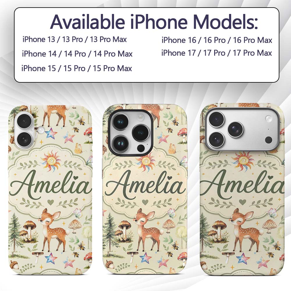 Cute Woodland Deer Owl Mushrooms and Stars on Custom Name Protective Phone Case Mobile Cover Durable Everyday Smartphone Shock Resistant