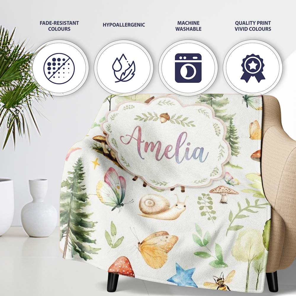 Woodland Deer Owl Mushrooms and Stars on Light Beige Seamless Personalised Custom Name Super Soft Fleece Blanket Bed Sofa Throw