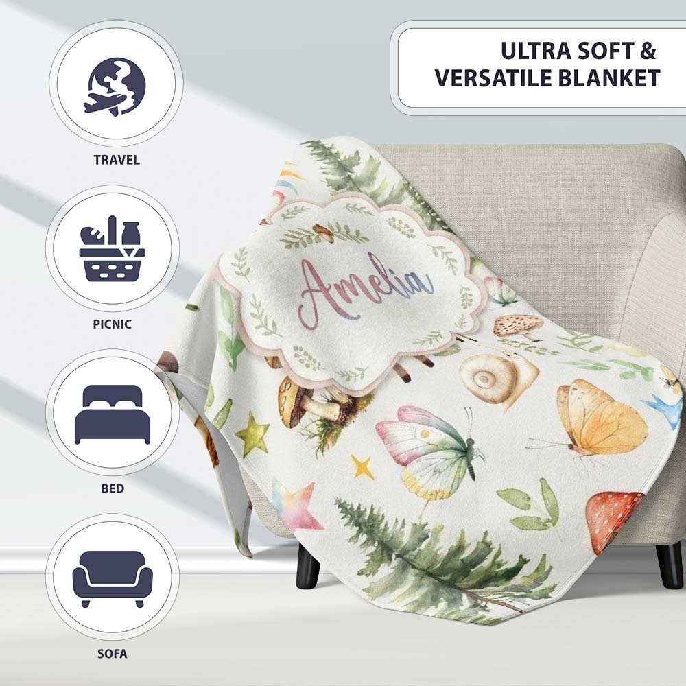 Woodland Deer Owl Mushrooms and Stars on Light Beige Seamless Personalised Custom Name Super Soft Fleece Blanket Bed Sofa Throw