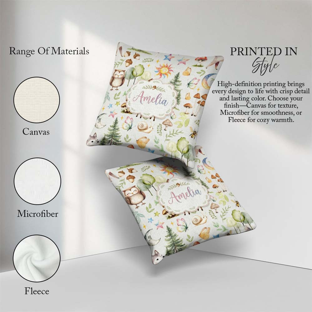 Custom Name Woodland Deer Owl Mushrooms and Stars on Light Beige Square Filled Cushion Throw Pillow Sofa Bed Home Decor Zip Washable UK Made