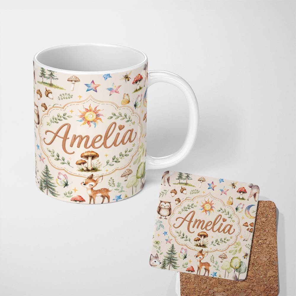 Personalized Custom Name Woodland Deer Owl Mushrooms and Stars on Warm Neutral Seamless 11oz Ceramic Coffee Tea Mug White Large Handle