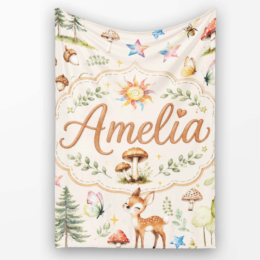 Woodland Deer Owl Mushrooms and Stars on Warm Neutral Seamless Personalised Custom Name Super Soft Fleece Blanket Bed Sofa Throw