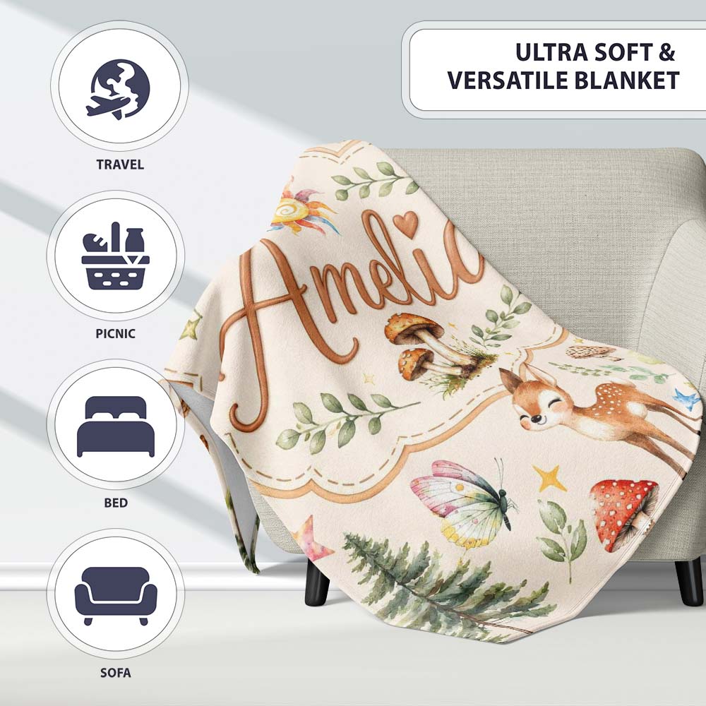 Woodland Deer Owl Mushrooms and Stars on Warm Neutral Seamless Personalised Custom Name Super Soft Fleece Blanket Bed Sofa Throw