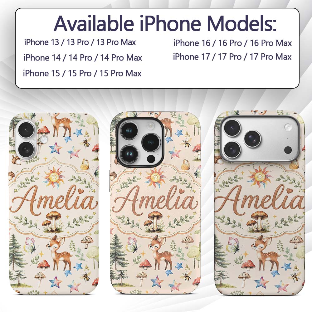 Woodland Deer Owl Mushrooms and Stars on Warm Custom Name Protective Phone Case Mobile Cover Durable Everyday Smartphone Shock Resistant