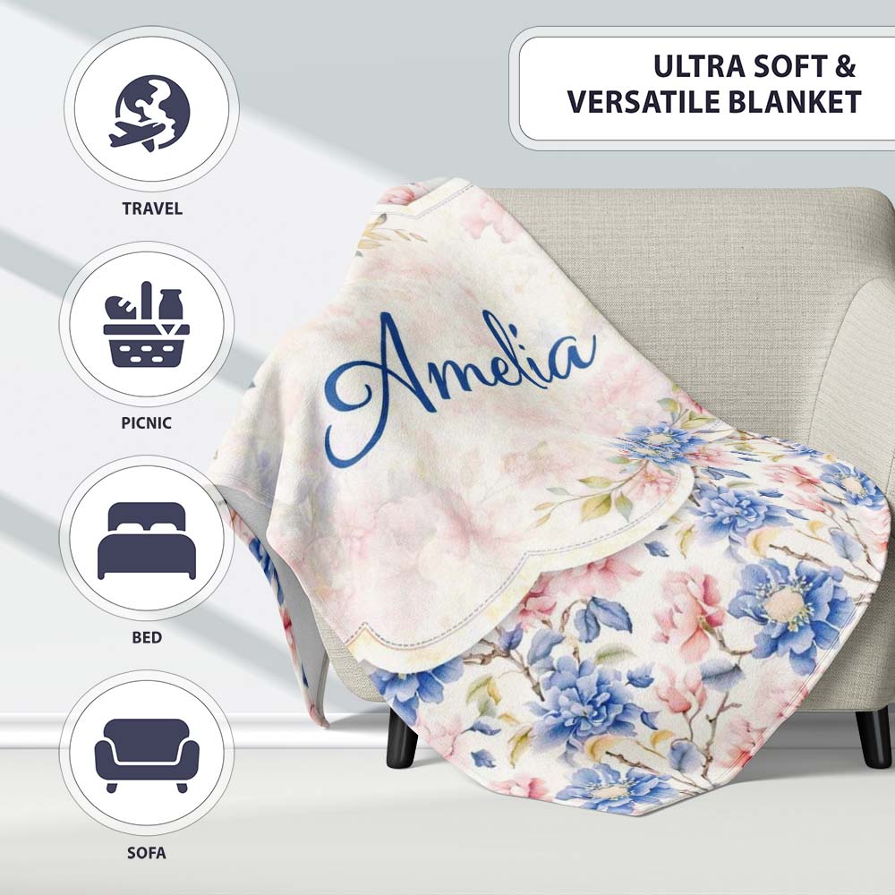 Vintage Chrysanthemum Floral Seamless Pattern Beige and Gold Lovely Personalised Custom Name Super Soft Fleece Blanket Bed Sofa Throw
