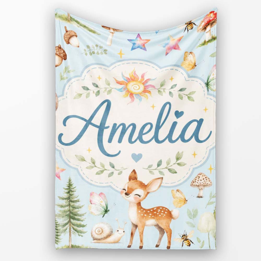 Woodland Deer Owl Mushrooms and Stars on Light Blue Seamless Personalised Custom Name Super Soft Fleece Blanket Bed Sofa Throw
