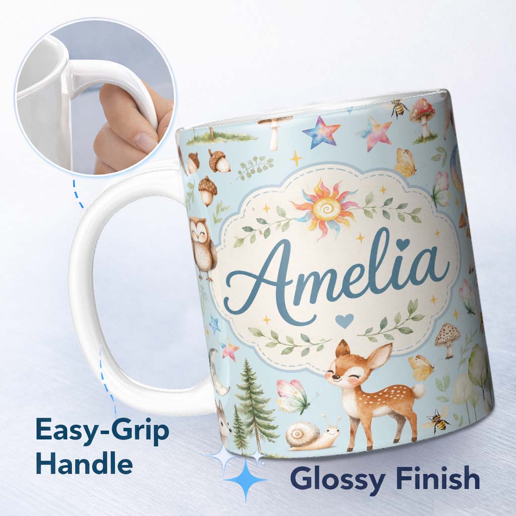 Personalized Custom Name Woodland Deer Owl Mushrooms and Stars on Light Blue Seamless 11oz Ceramic Coffee Tea Mug White Large Handle