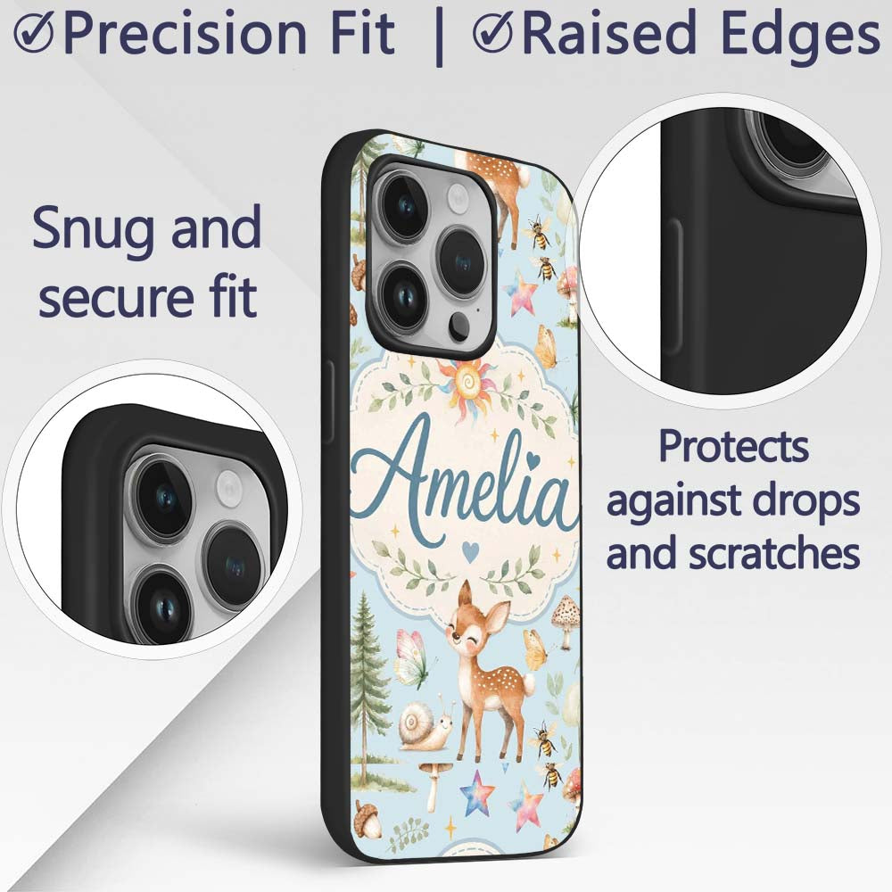 Woodland Deer Owl Mushrooms and Stars on Light Custom Name Protective Phone Case Mobile Cover Durable Everyday Smartphone Shock Resistant