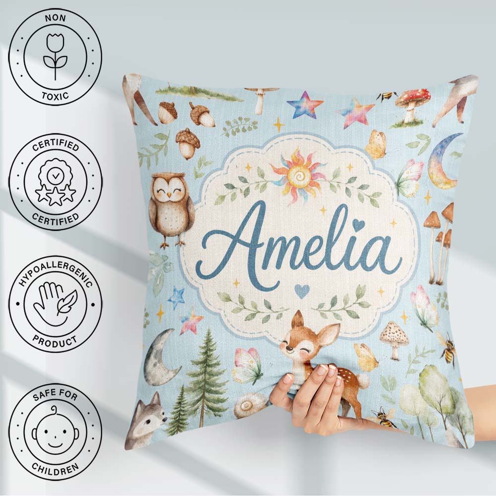 Custom Name Woodland Deer Owl Mushrooms and Stars on Light Blue Square Filled Cushion Throw Pillow Sofa Bed Home Decor Zip Washable UK Made