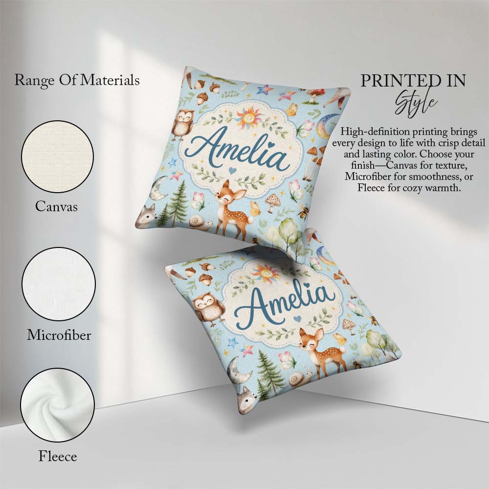 Custom Name Woodland Deer Owl Mushrooms and Stars on Light Blue Square Filled Cushion Throw Pillow Sofa Bed Home Decor Zip Washable UK Made